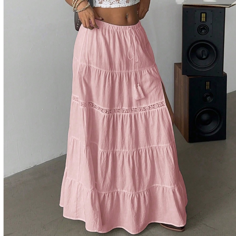 Boho Stretchy Waist lace Insert Split Thigh Maxi Skirt - Picture 4 of 8